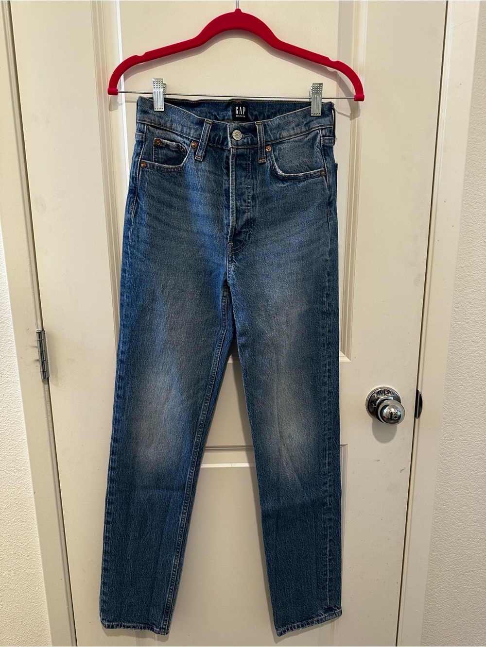 GAP Straight Leg High-Rise Jeans in Medium Wash Blue